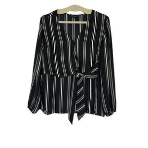 Alfani Striped Black Career Work Dinner Blouse Tie Waist Women's Size Large